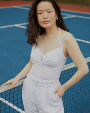 petite white fitted top; petite white trousers