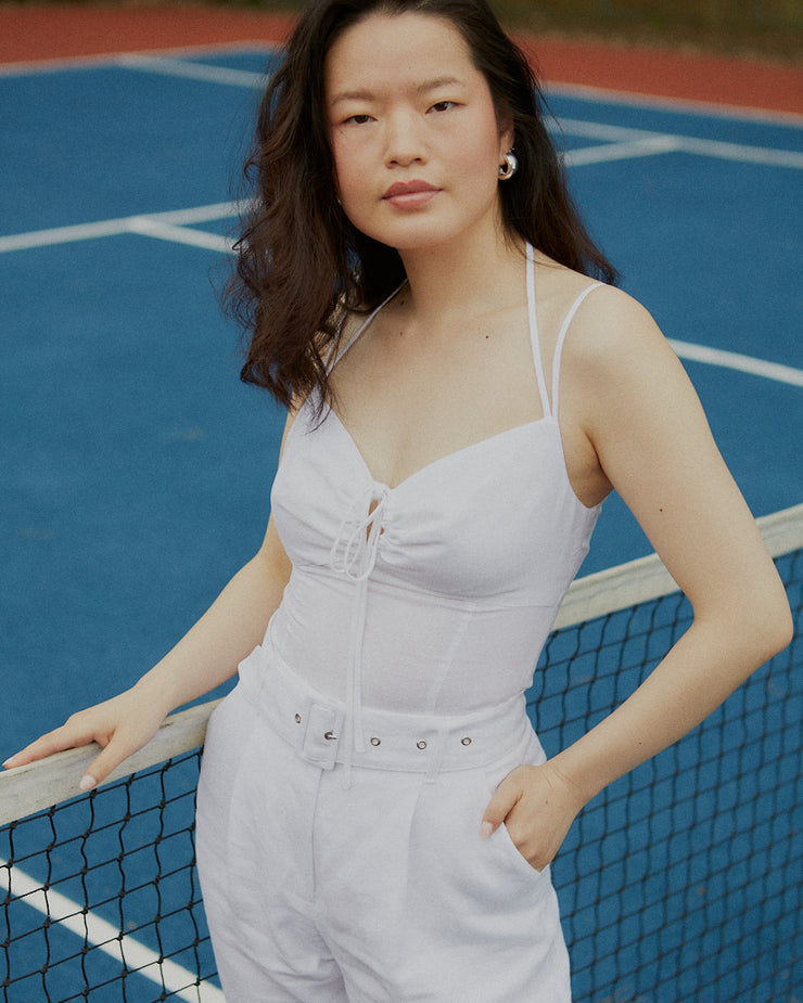 petite white fitted top; petite white trousers