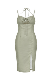 Petite olive green linen fitted midi dress