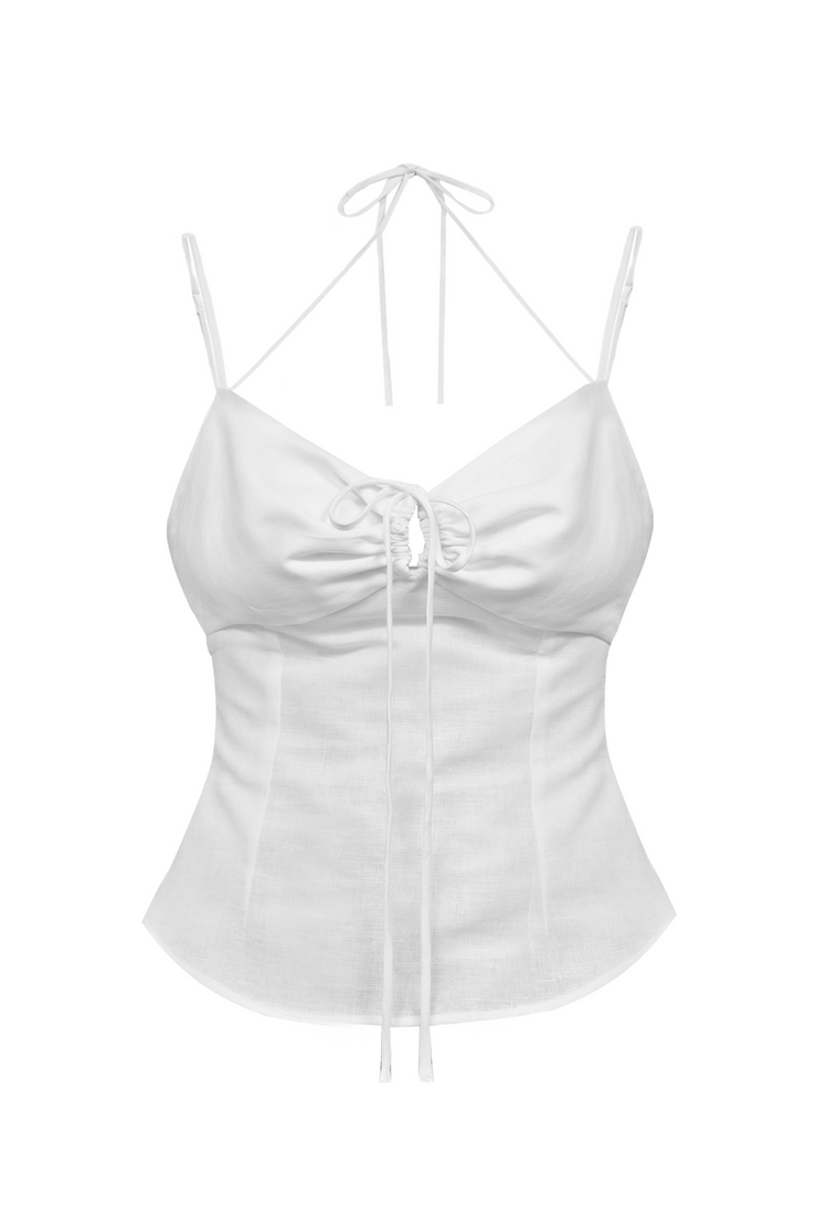 Petite linen white fitted top with bow detailing 